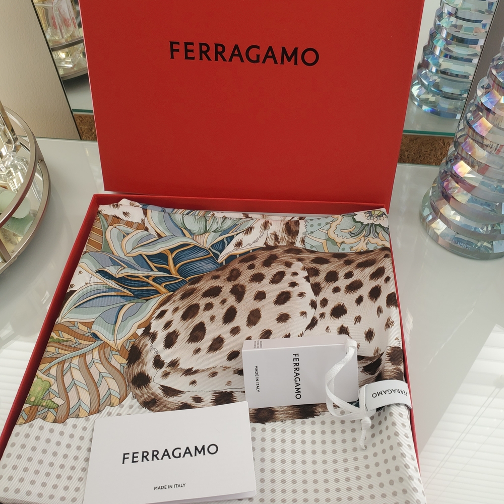 Salvatore Ferragamo Silk Scarf with Leopard and Floral Design NWT, BOX